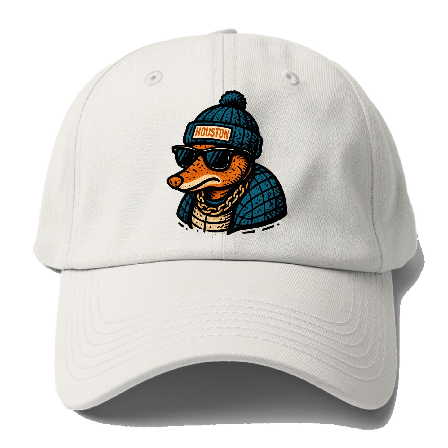 Houston Armadillo wearing Houston beanie with pom pom and wayfarer sunglasses - Baseball Cap - Off White
