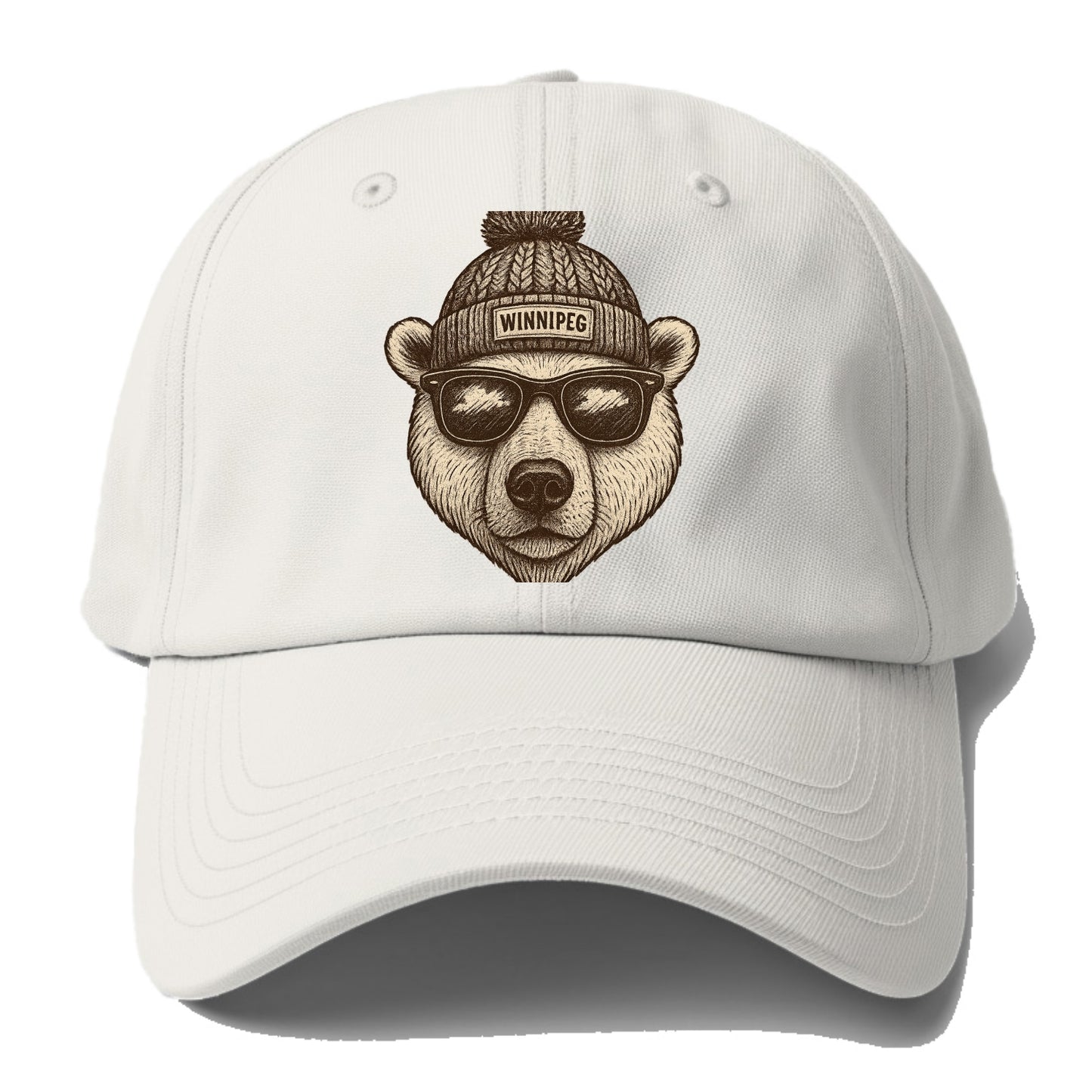 Winnipeg Polar Bear wearing Winnipeg beanie with pom pom and wayfarer - Baseball Cap For Big Heads - Off White