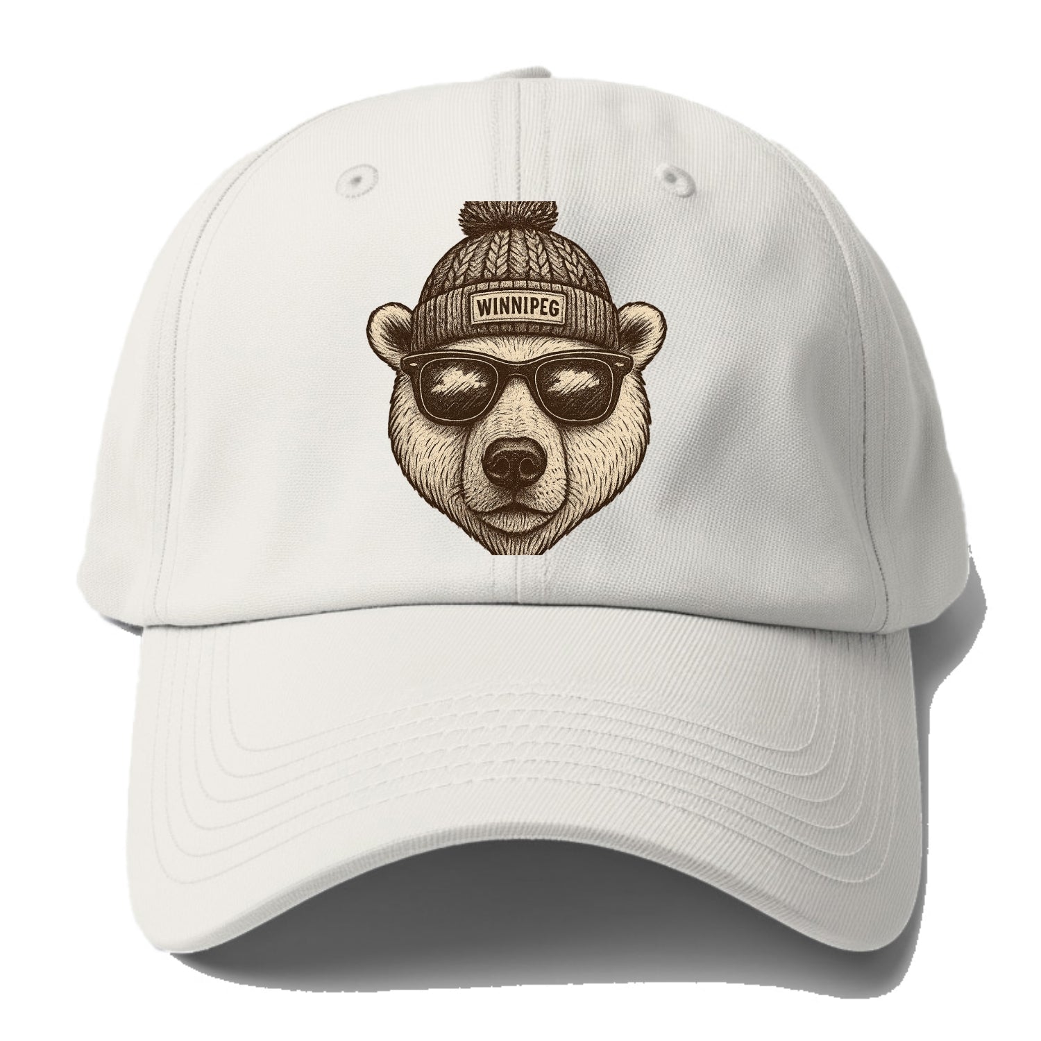 Winnipeg Polar Bear wearing Winnipeg beanie with pom pom and wayfarer - Baseball Cap For Big Heads - Off White