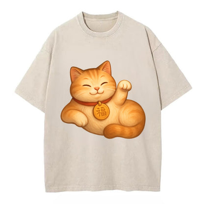 Maneki Neko Pose - Vintage T-shirt - Off White