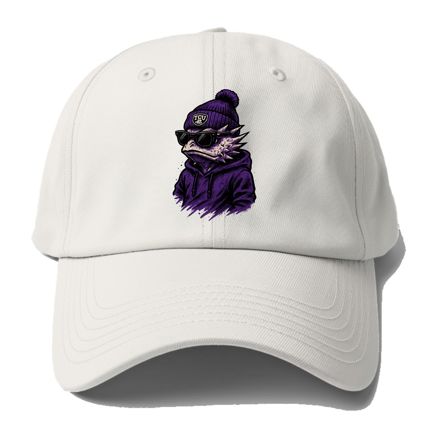 Fort Worth Horned Frog wearing TCU beanie with frog patch - Baseball Cap For Big Heads - Off White