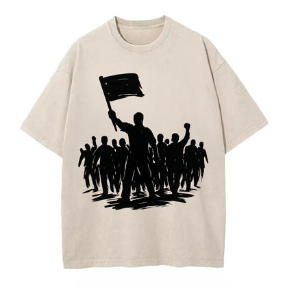 Crowd of protesters marching - solidarity movement ink painting - Vintage T-shirt - Off White