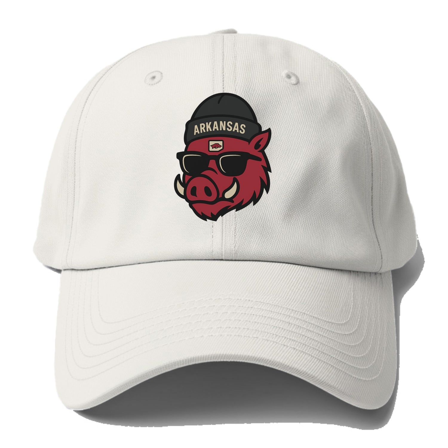 Fayetteville Razorback wearing Arkansas beanie with hog patch - Baseball Cap For Big Heads - Off White