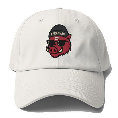 Fayetteville Razorback wearing Arkansas beanie with hog patch - Baseball Cap For Big Heads - Off White