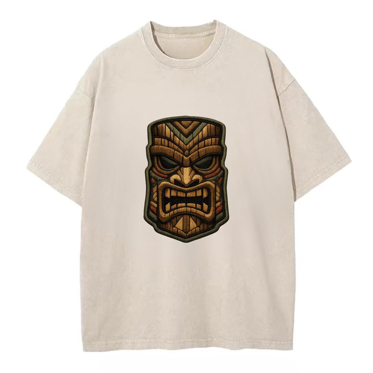 TIKI MASK - carved totem in brown and red , Polynesian - Vintage T-shirt - Off White