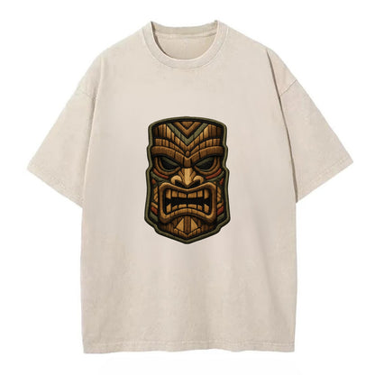 TIKI MASK - carved totem in brown and red , Polynesian - Vintage T-shirt - Off White