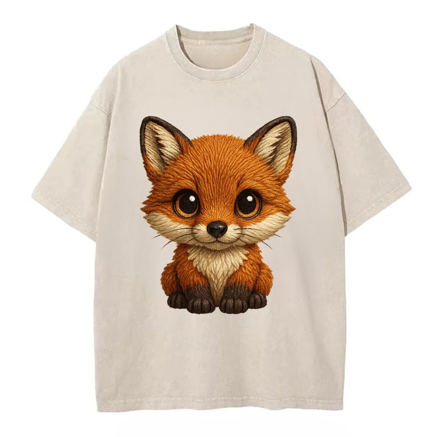 Baby Red Fox - russet fur, white chest, big amber eyes, perky ears, front-facing, - Vintage T-shirt - Off White