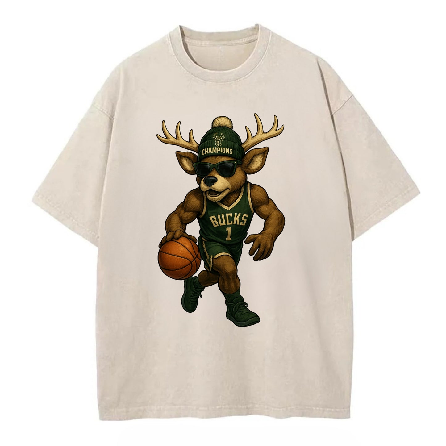 Milwaukee Buck Deer wearing Bucks green and cream beanie with antlers and - Vintage T-shirt - Off White