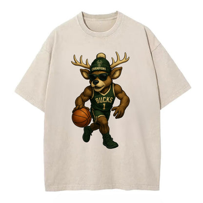 Milwaukee Buck Deer wearing Bucks green and cream beanie with antlers and - Vintage T-shirt - Off White