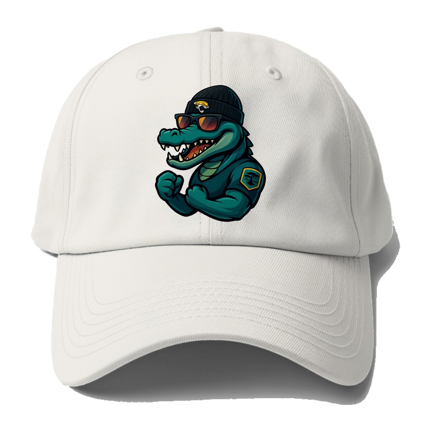 Jacksonville Alligator wearing Jaguars beanie with swamp patch and wayfarer - Baseball Cap - Off White
