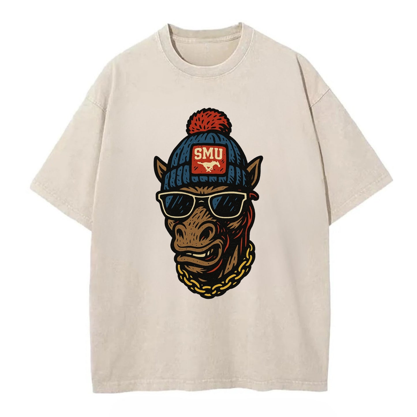 Dallas Mustang wearing SMU beanie with pony patch - Vintage T-shirt - Off White