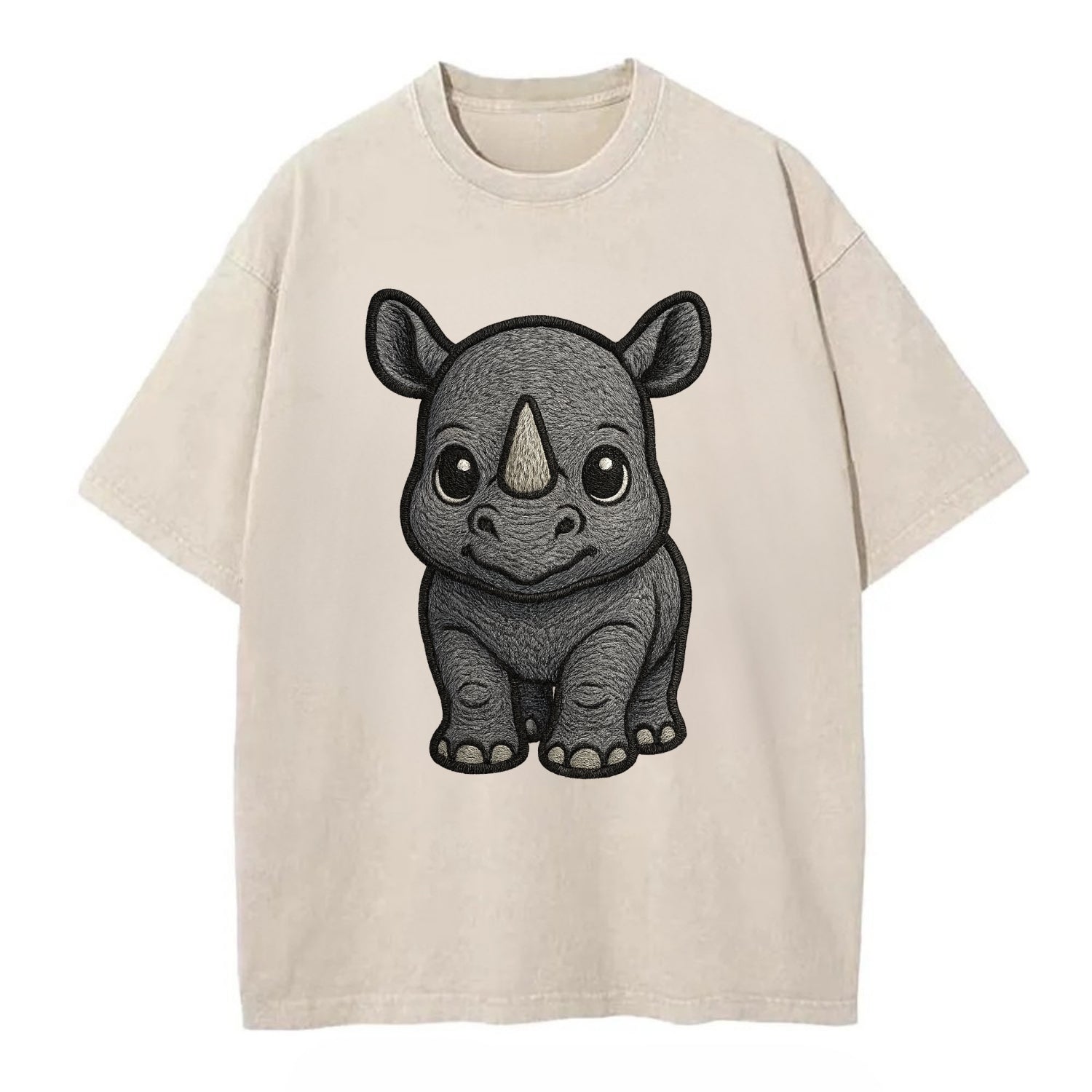Baby Rhino - gray armor skin, tiny horn nub, round eyes, front-facing, tank baby - Vintage T-shirt - Off White