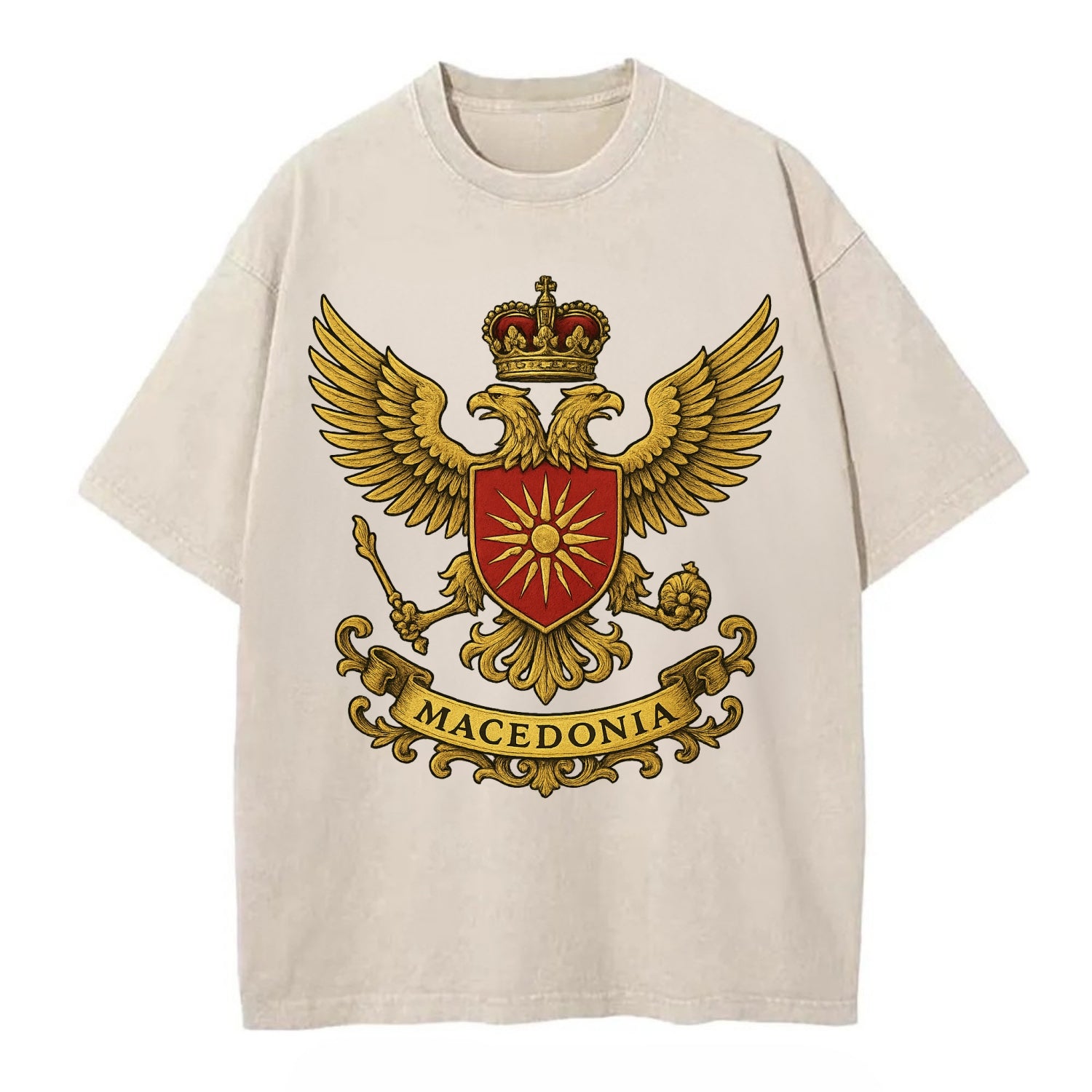 Macedonia Heritage Badge  - Vintage T-shirt - Off White