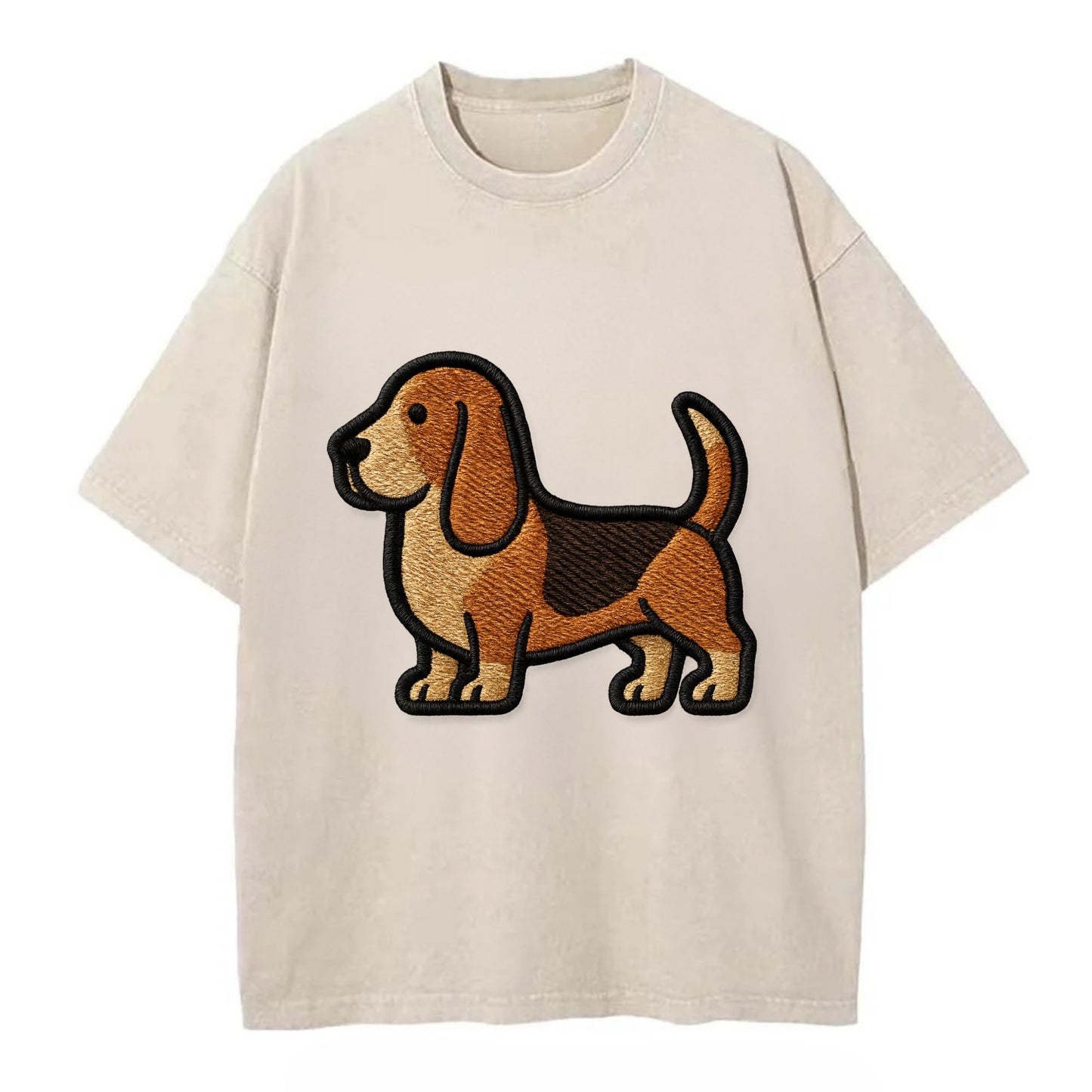 Basset Hound - Trendy low-rider design with prominent black outline - Vintage T-shirt - Off White