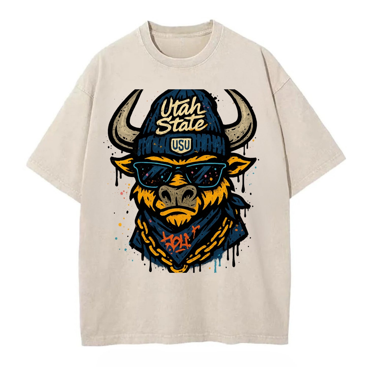 Logan Aggie wearing Utah State beanie with USU patch - Vintage T-shirt - Off White