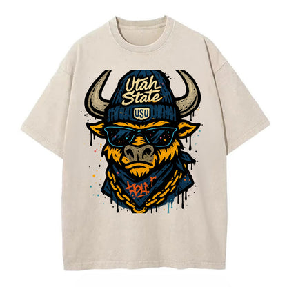 Logan Aggie wearing Utah State beanie with USU patch - Vintage T-shirt - Off White