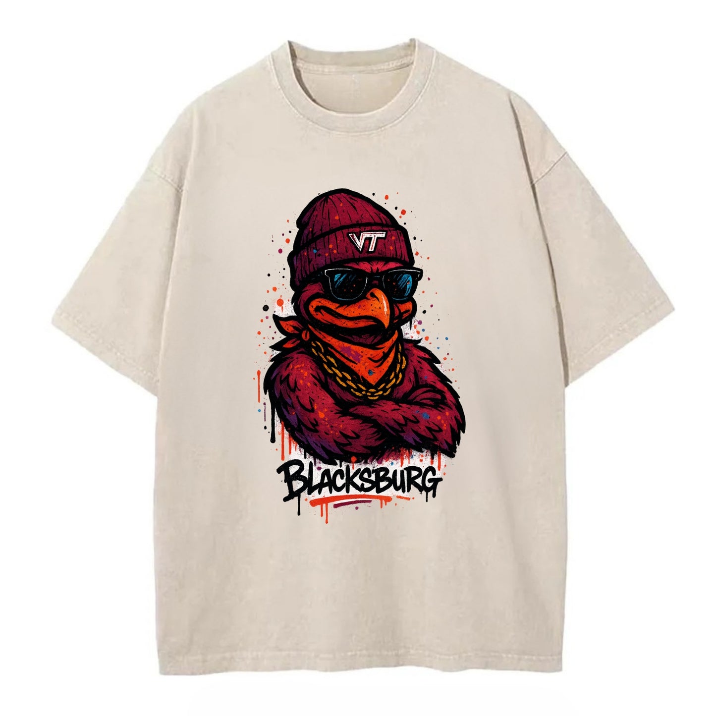 Blacksburg HokieBird wearing Virginia Tech beanie with VT patch - Vintage T-shirt - Off White