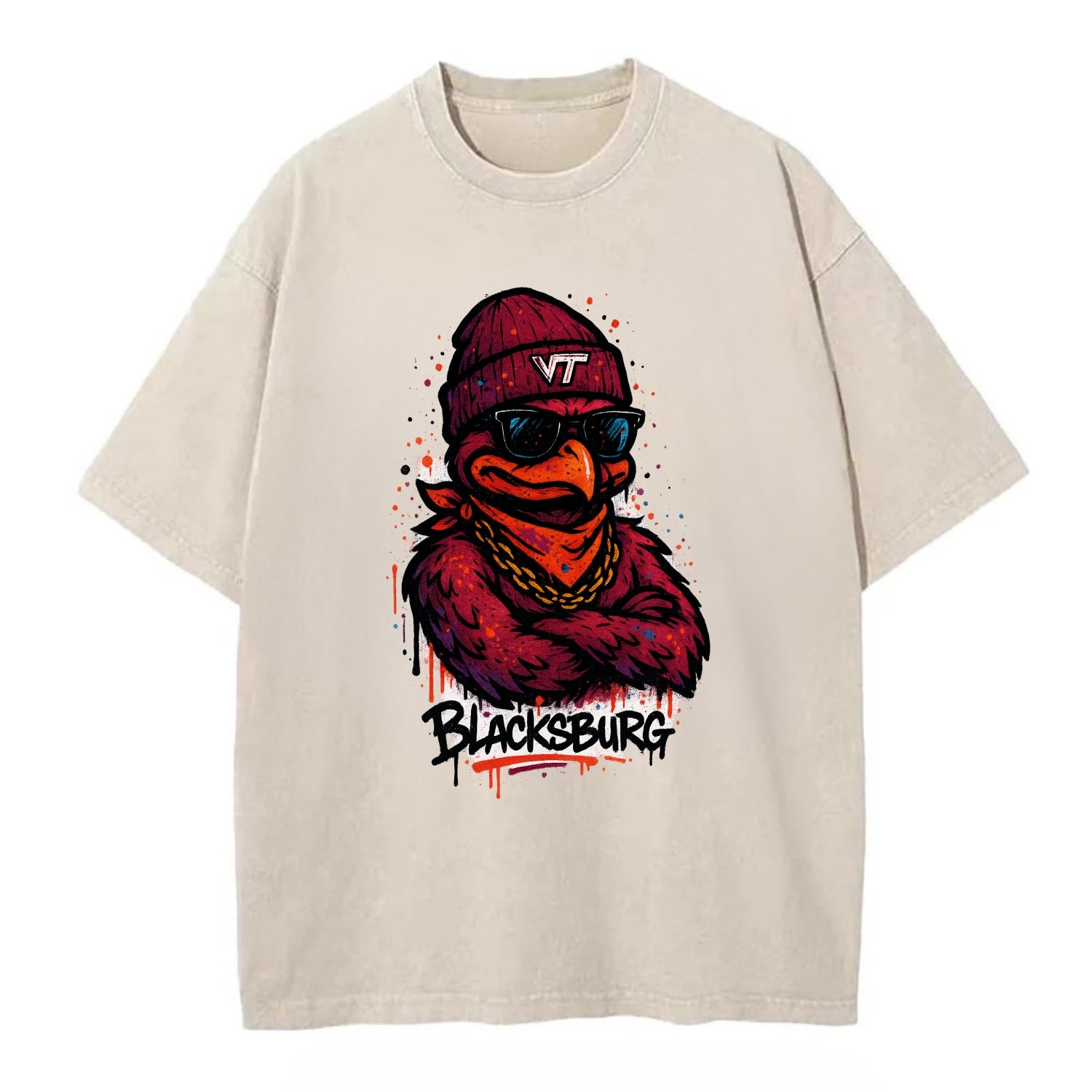 Blacksburg HokieBird wearing Virginia Tech beanie with VT patch - Vintage T-shirt - Off White