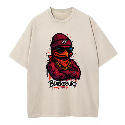 Blacksburg HokieBird wearing Virginia Tech beanie with VT patch - Vintage T-shirt - Off White