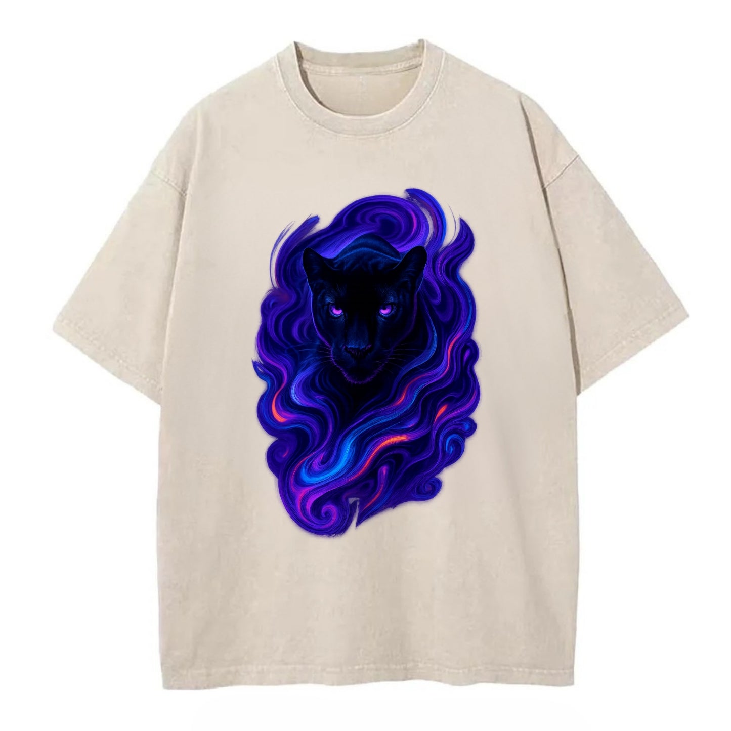 Sleek black panther emerging from swirls of deep purple and electric blue, - Vintage T-shirt - Off White