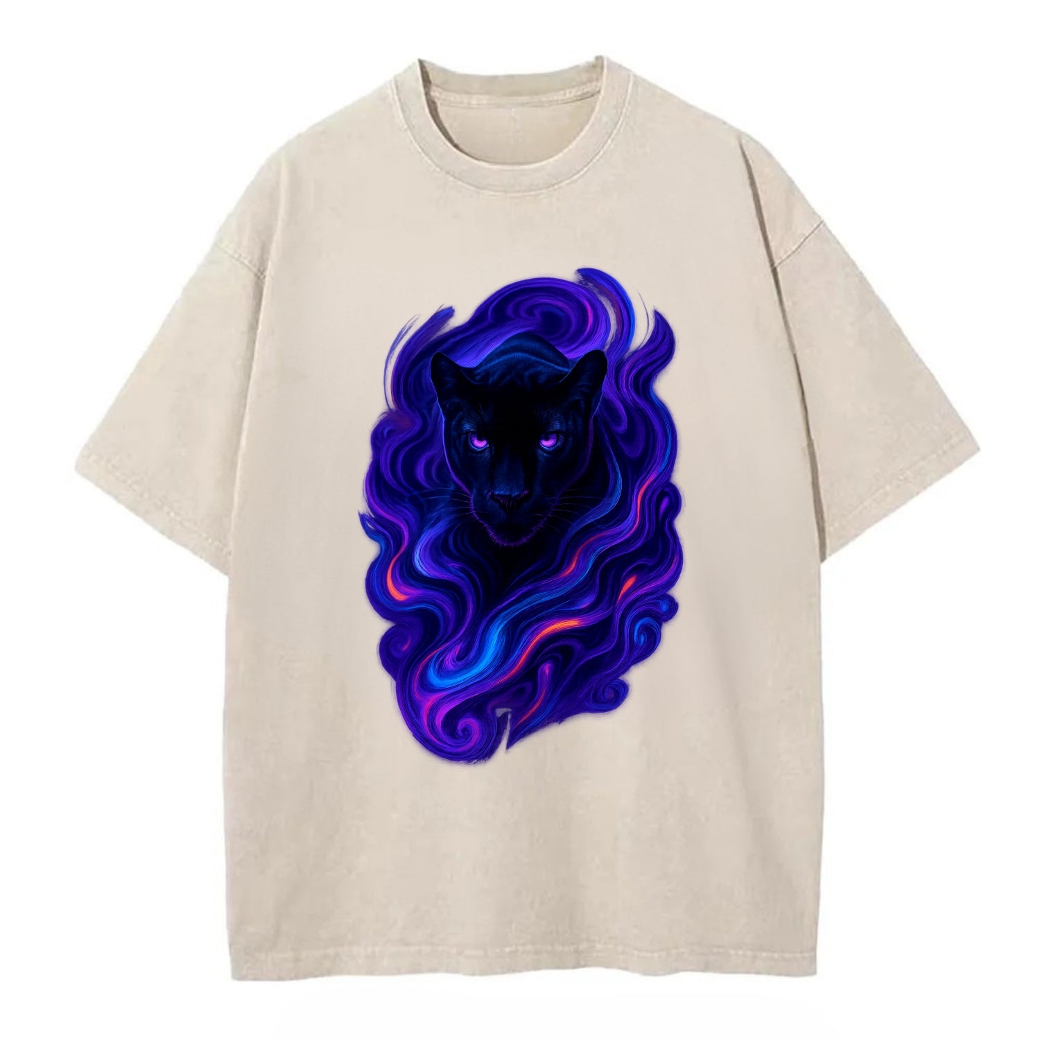 Sleek black panther emerging from swirls of deep purple and electric blue, - Vintage T-shirt - Off White