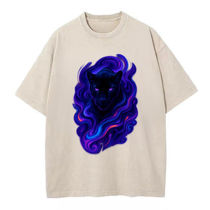 Sleek black panther emerging from swirls of deep purple and electric blue, - Vintage T-shirt - Off White