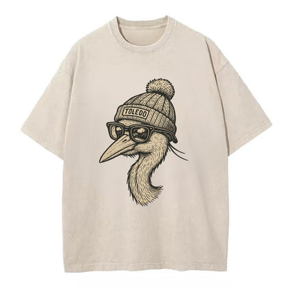 Toledo Great Blue Heron wearing Toledo beanie with pom pom and wayfarer sunglasses - Vintage T-shirt - Off White