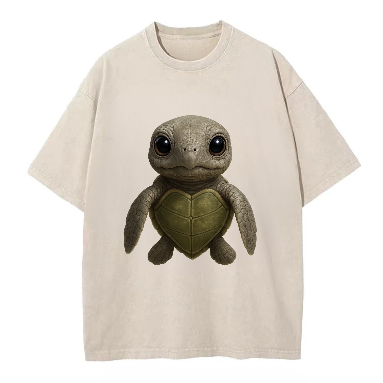 Baby Olive Ridley Turtle - olive green shell, heart-shaped carapace, bright eyes, - Vintage T-shirt - Off White