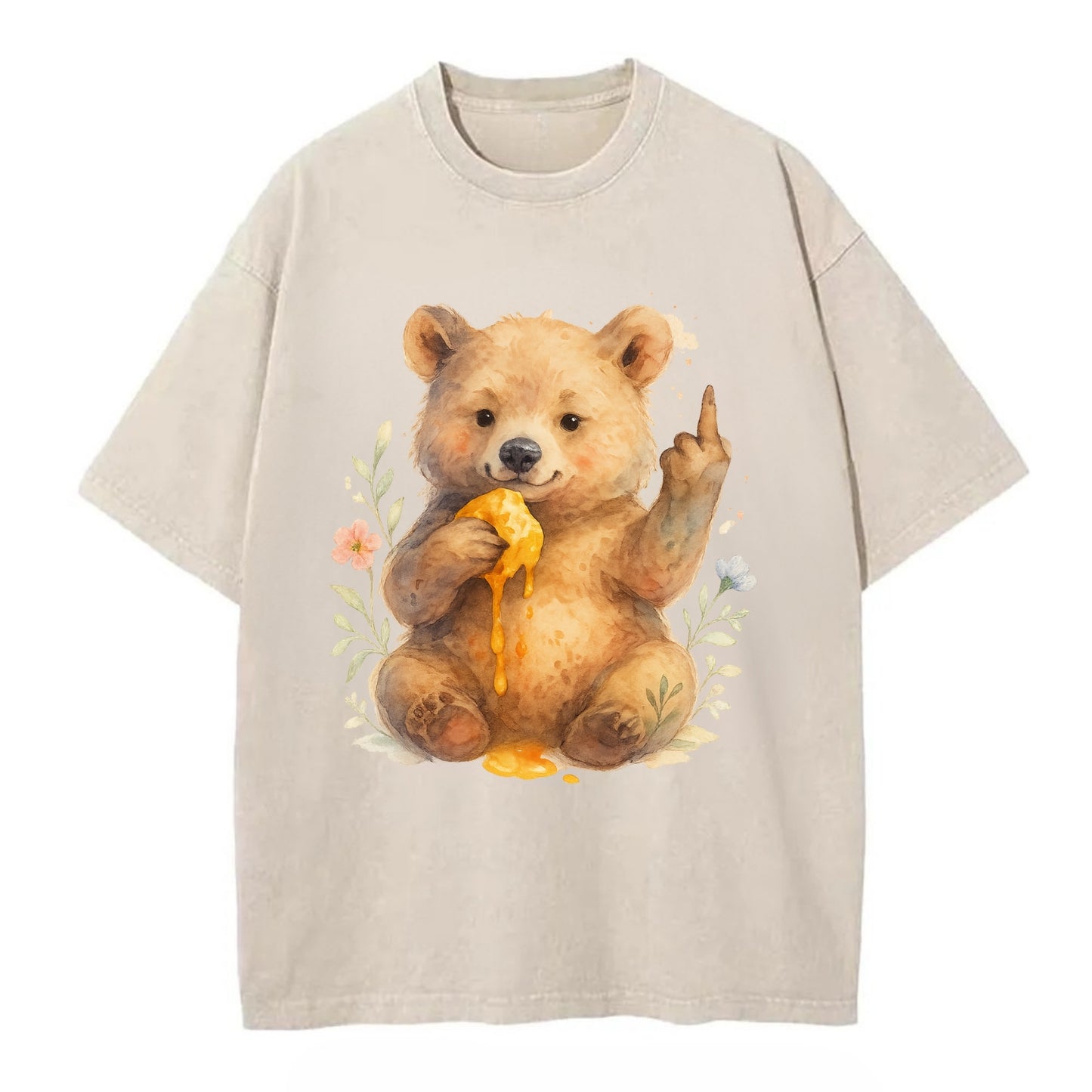 chubby bear cub eating dripping honey, sticky paw up with middle finger - Vintage T-shirt - Off White