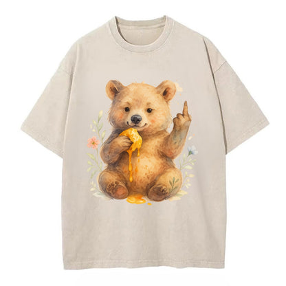 chubby bear cub eating dripping honey, sticky paw up with middle finger - Vintage T-shirt - Off White