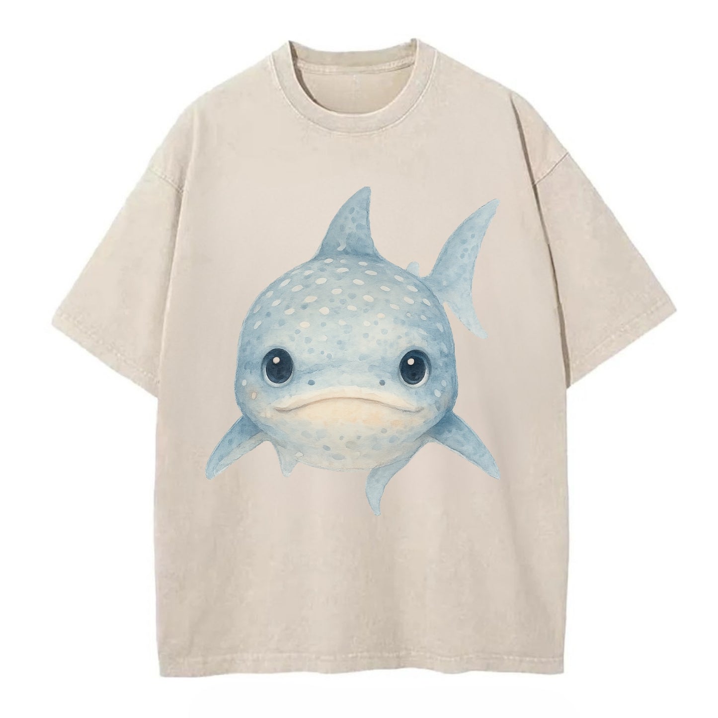 Baby Whale Shark - spotted blue-gray, wide mouth closed, tiny eyes, front-facing, - Vintage T-shirt - Off White