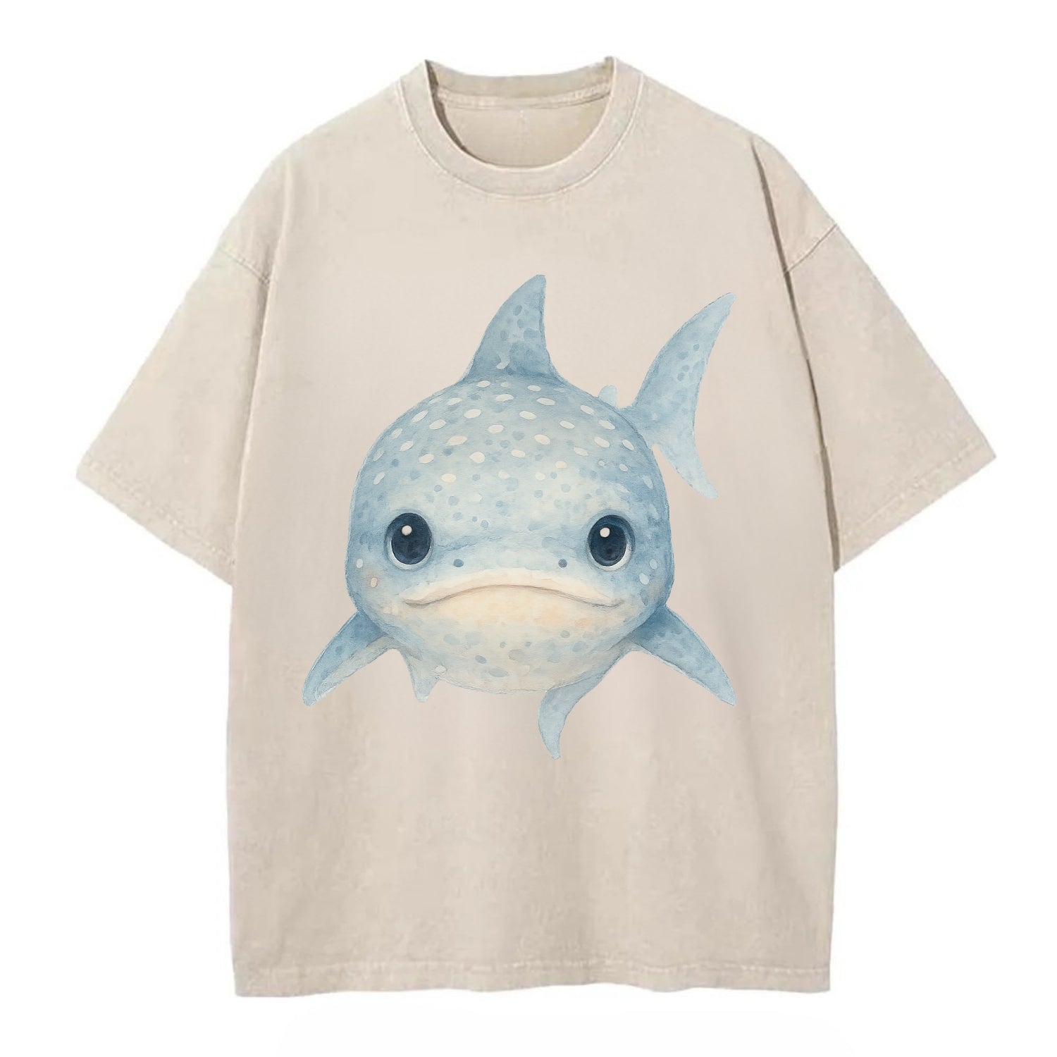Baby Whale Shark - spotted blue-gray, wide mouth closed, tiny eyes, front-facing, - Vintage T-shirt - Off White
