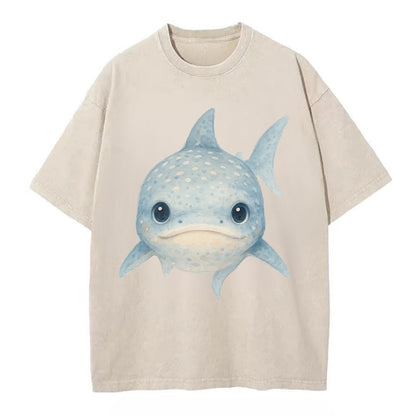 Baby Whale Shark - spotted blue-gray, wide mouth closed, tiny eyes, front-facing, - Vintage T-shirt - Off White