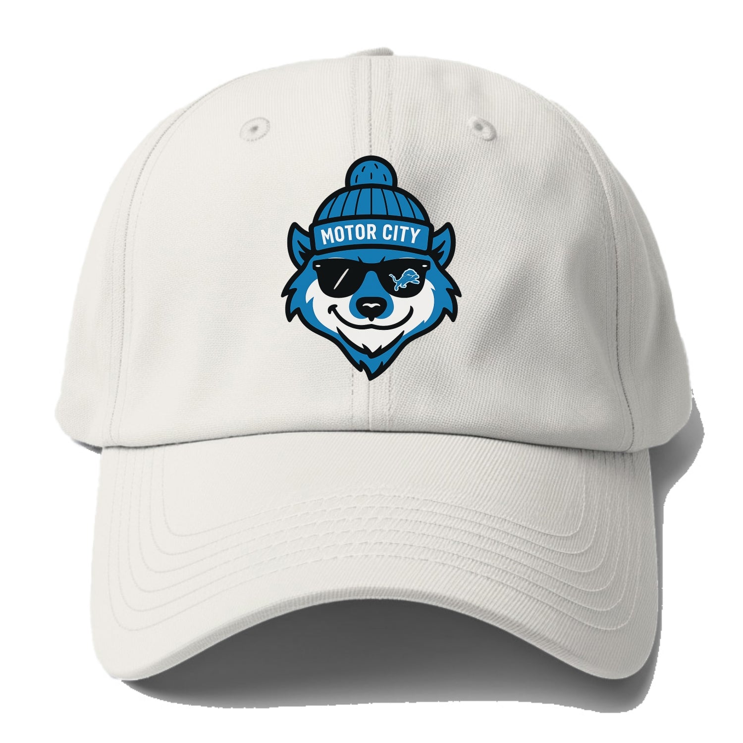 Motor City Wolverine wearing Lions beanie with gear patch and wayfarer - Baseball Cap For Big Heads - Off White