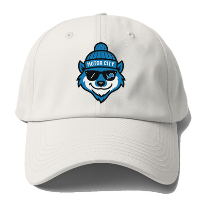 Motor City Wolverine wearing Lions beanie with gear patch and wayfarer - Baseball Cap For Big Heads - Off White