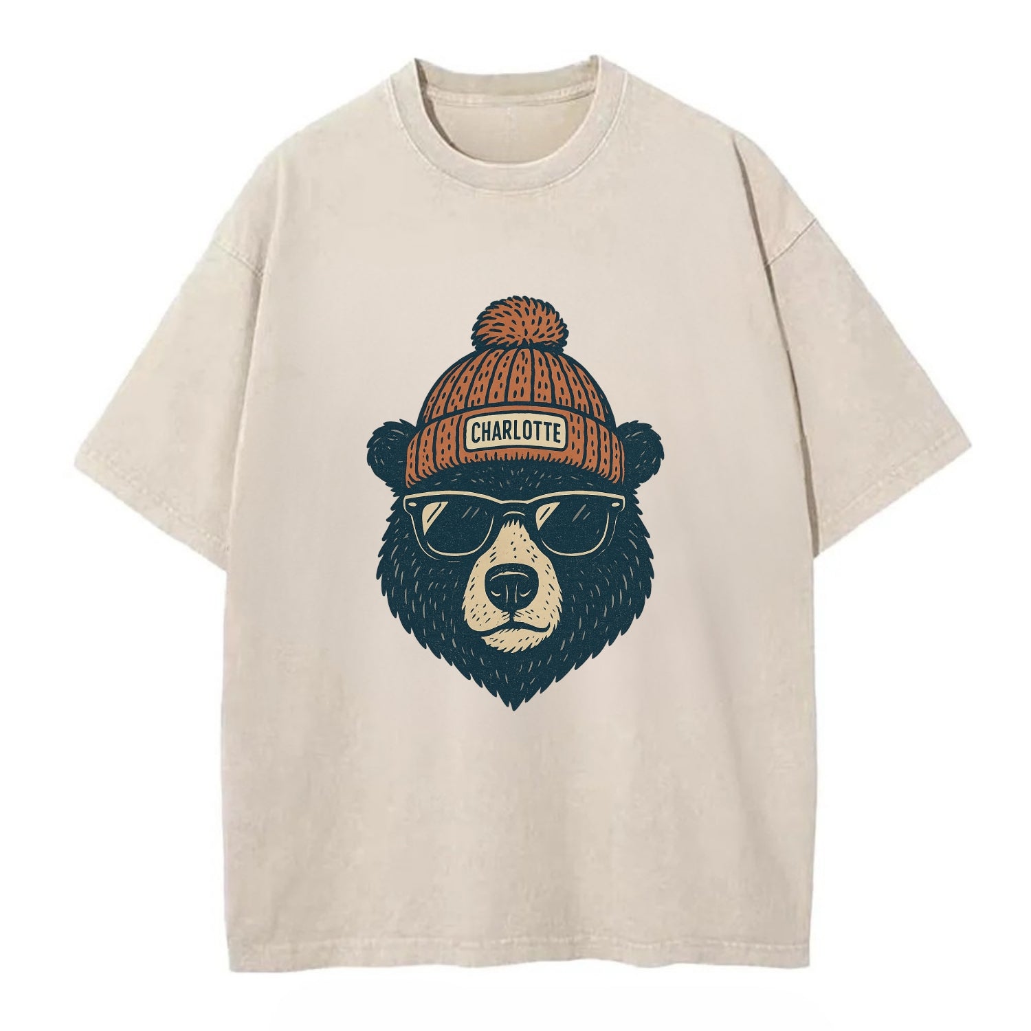 North Carolina Black Bear wearing Charlotte beanie with pom pom and wayfarer - Vintage T-shirt - Off White