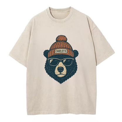 North Carolina Black Bear wearing Charlotte beanie with pom pom and wayfarer - Vintage T-shirt - Off White