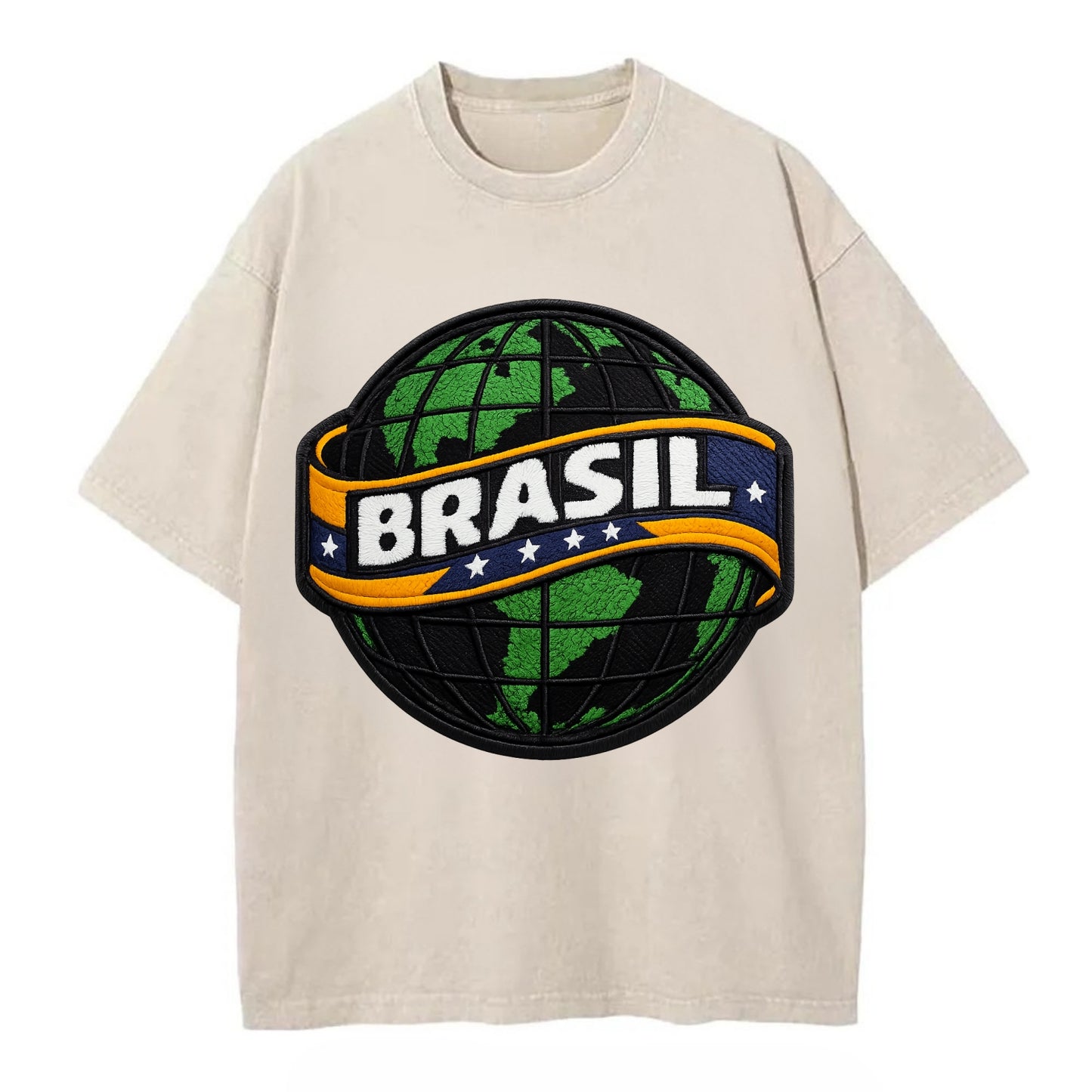 BRAZILIAN FLAG GLOBE - green globe with banner in green yellow blue , Brasil - Vintage T-shirt - Off White