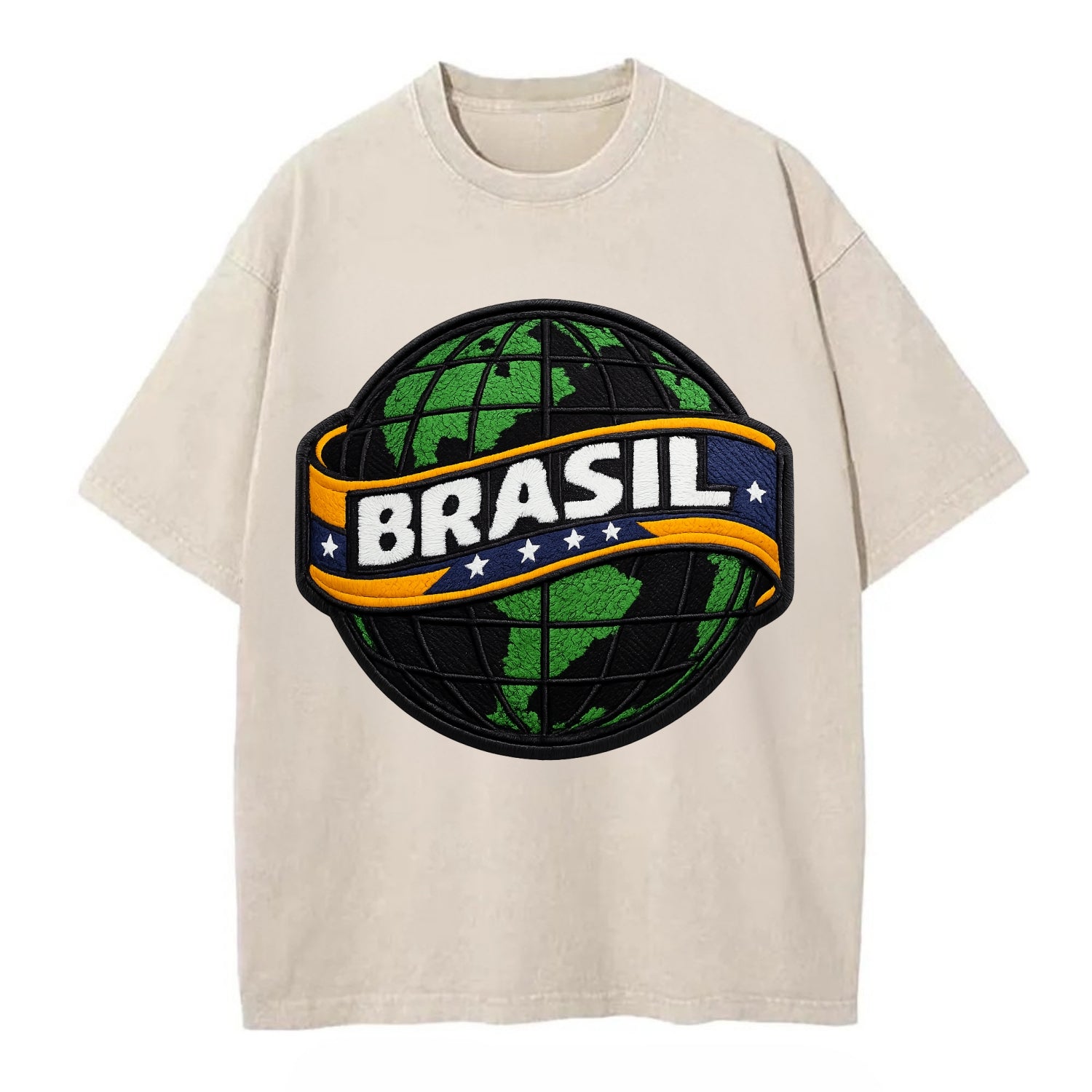 BRAZILIAN FLAG GLOBE - green globe with banner in green yellow blue , Brasil - Vintage T-shirt - Off White