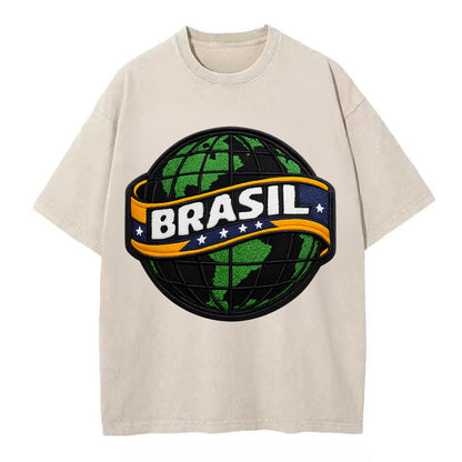 BRAZILIAN FLAG GLOBE - green globe with banner in green yellow blue , Brasil - Vintage T-shirt - Off White
