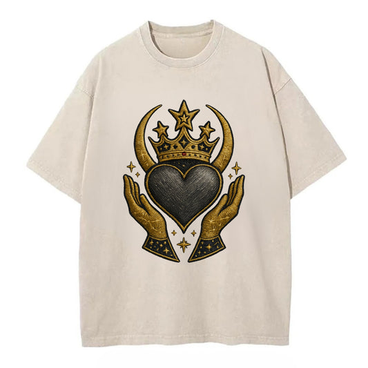 Celtic knot crown with woven strands merging into copper hands shielding a pewter - Vintage T-shirt - Off White