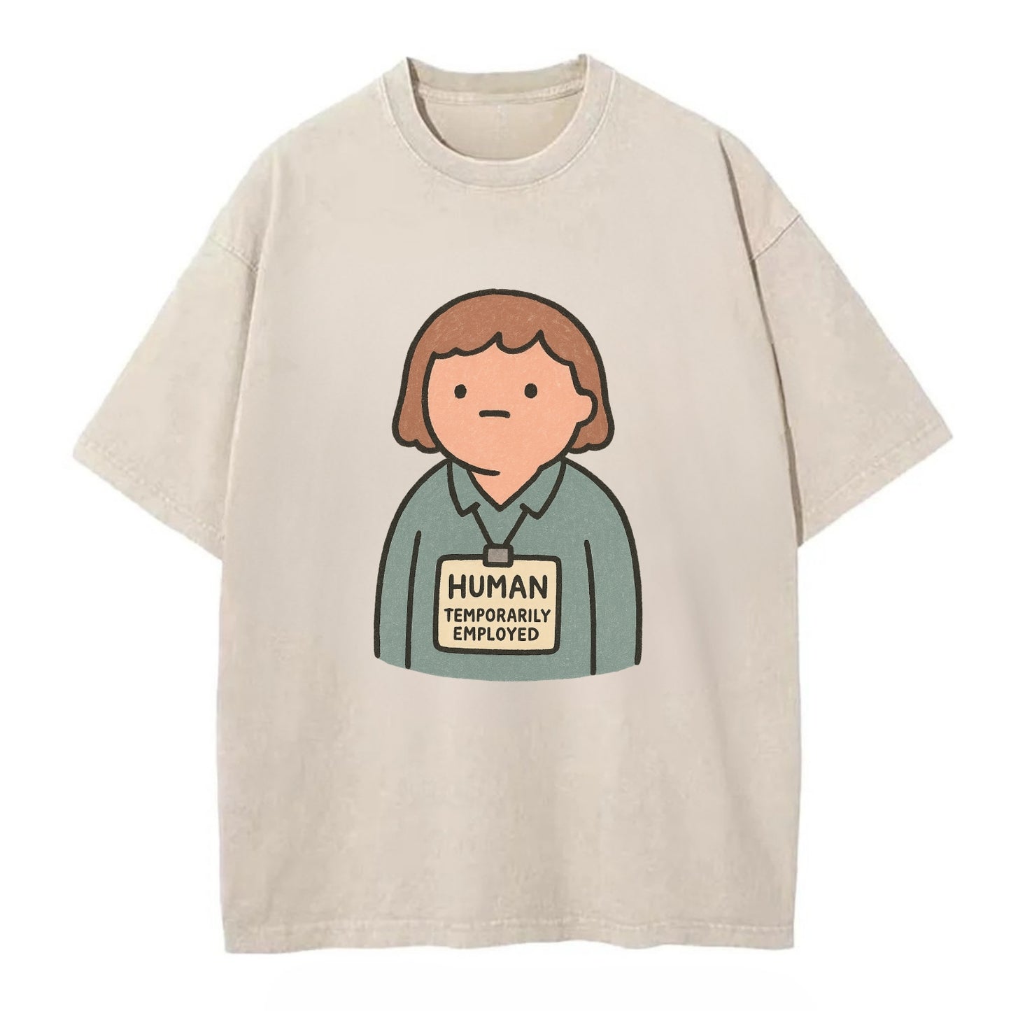 Worker wearing ID badge that says "Human - Temporarily Employed" - existential - Vintage T-shirt - Off White