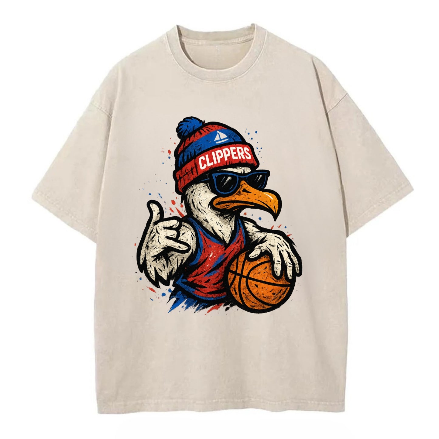LA Seagull wearing Clippers red white and blue beanie with ship patch and - Vintage T-shirt - Off White