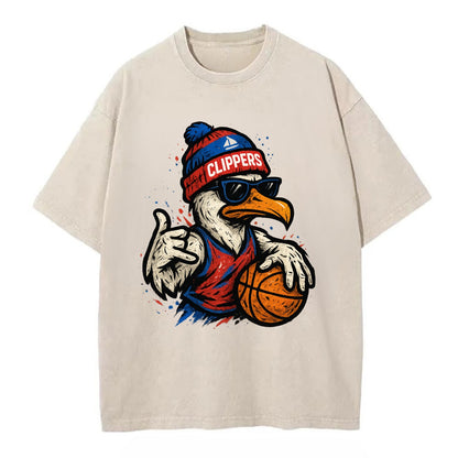 LA Seagull wearing Clippers red white and blue beanie with ship patch and - Vintage T-shirt - Off White