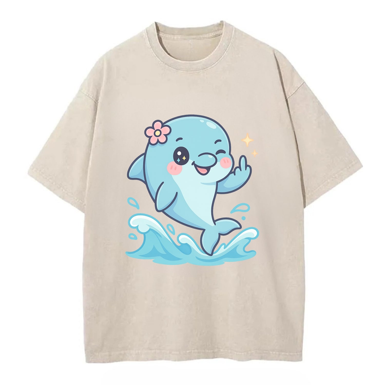 smiling dolphin jumping through ocean waves, one fin up with attitude - Vintage T-shirt - Off White