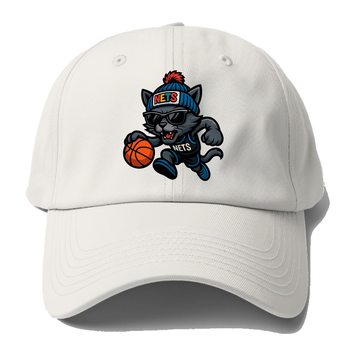 Brooklyn Cat wearing Nets beanie with street art patch and wayfarer sunglasses - Baseball Cap - Off White