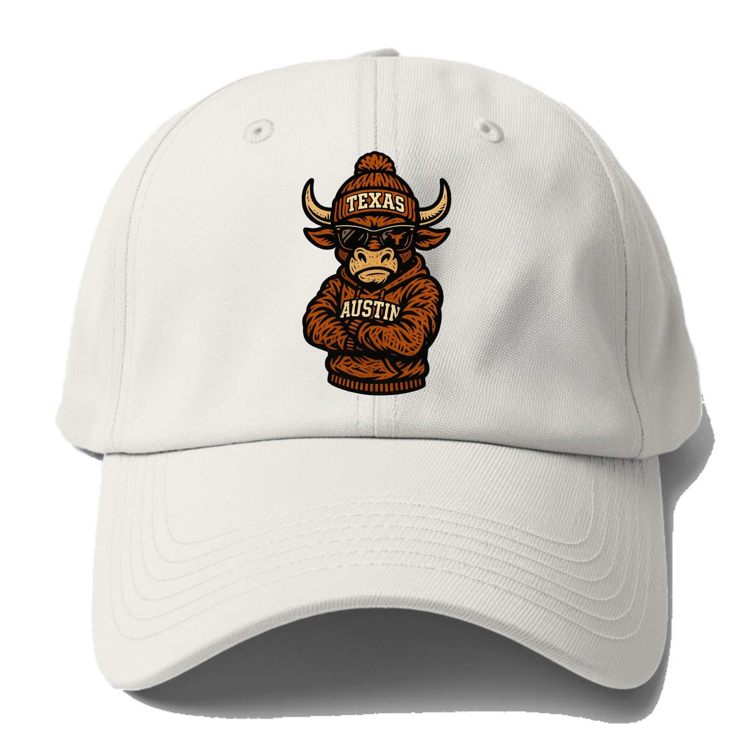 Austin Bevo wearing Texas beanie with longhorn patch - Baseball Cap For Big Heads - Off White