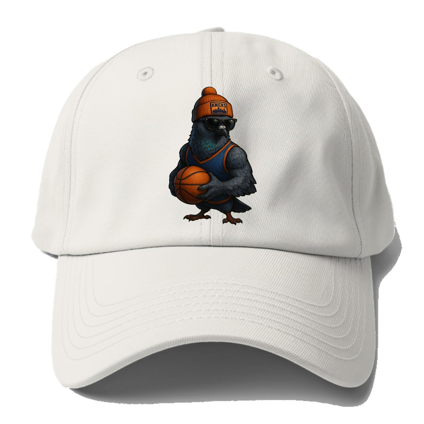 Manhattan Pigeon wearing Knicks beanie with skyline patch and wayfarer - Baseball Cap For Big Heads - Off White