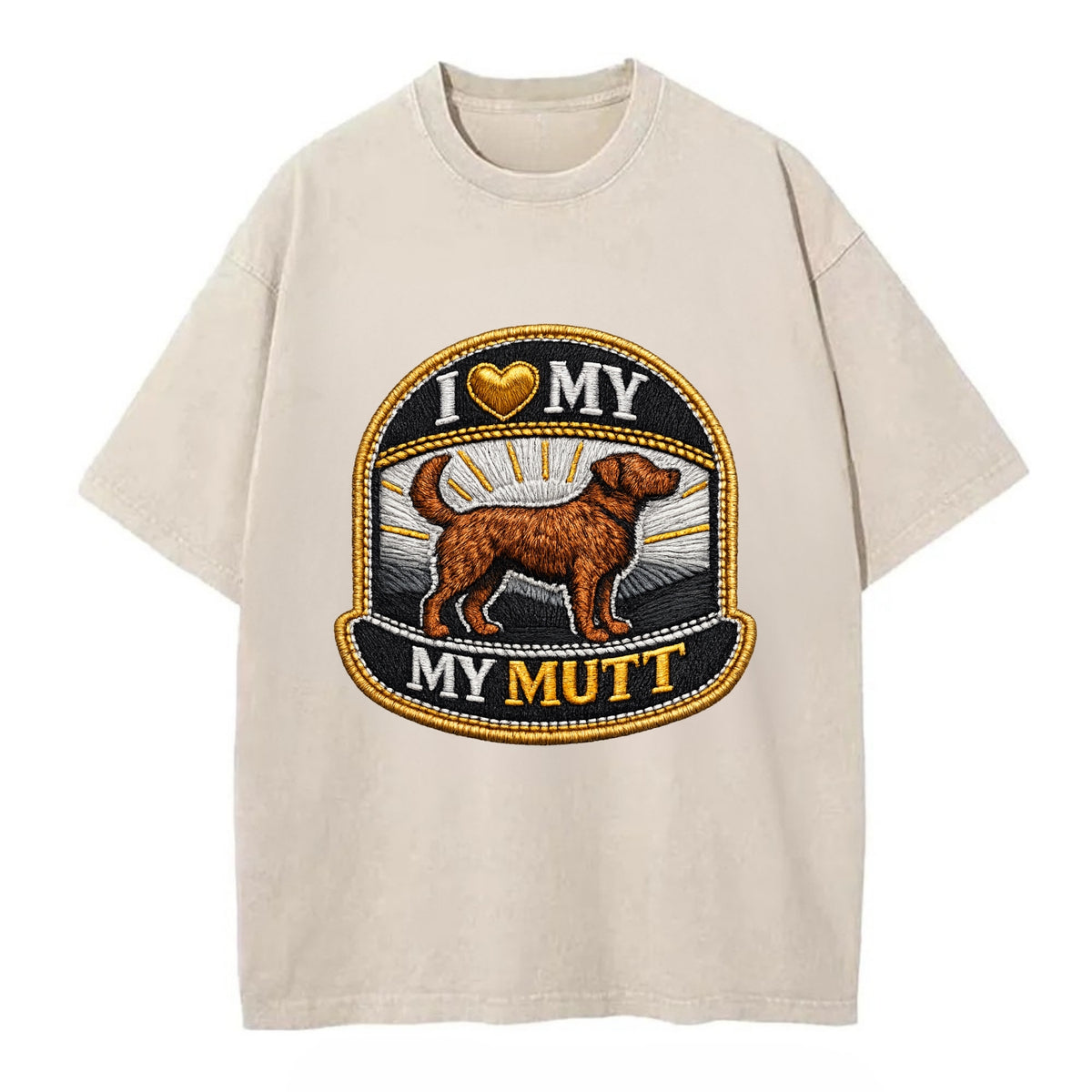 I LOVE MY MUTT - mixed breed silhouette in brown , rescue pride - Vintage T-shirt - Off White