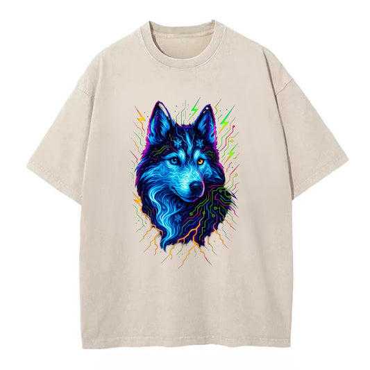 Siberian husky with ice-crystal flowing patterns, electric blue and white swirls, - Vintage T-shirt - Off White
